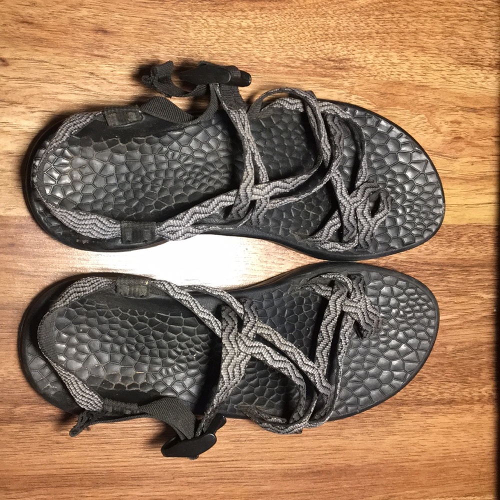 Black and gray chacos